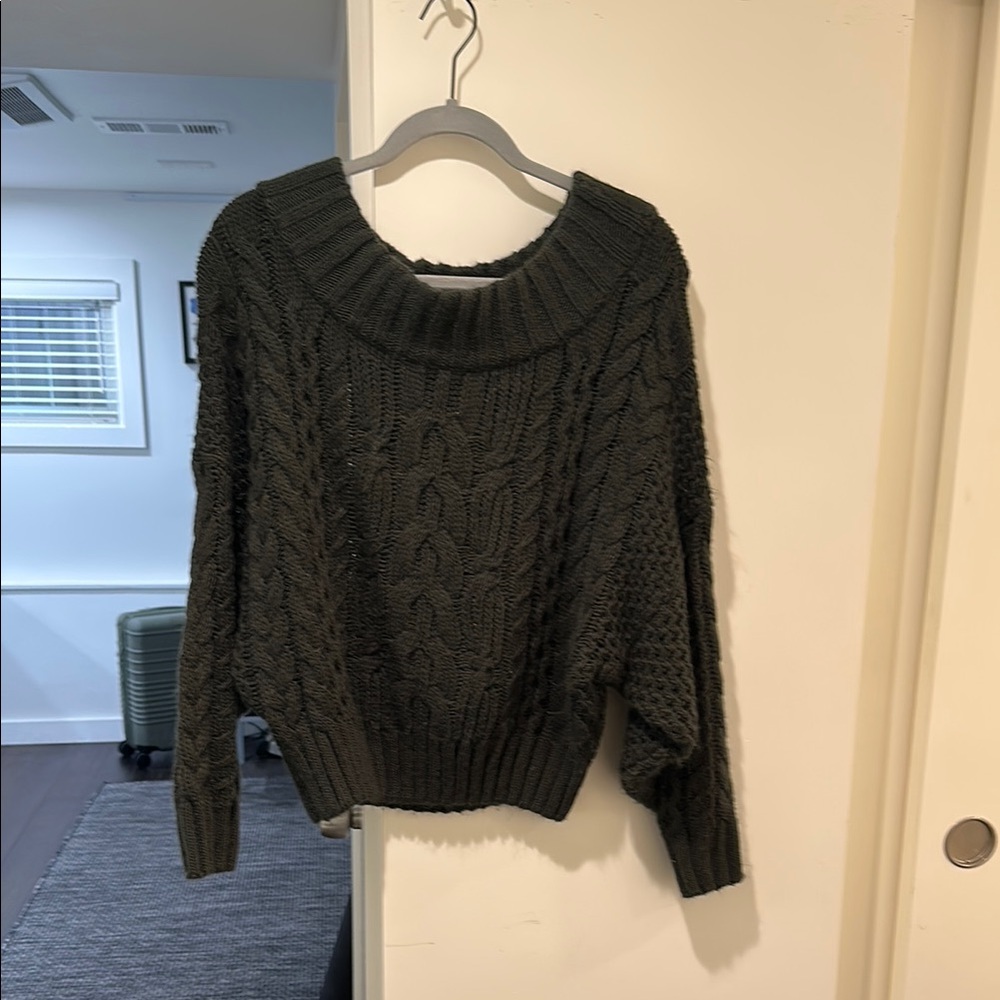 Anthropologie Gray Crew Neck Sweater with Cable Knit Design